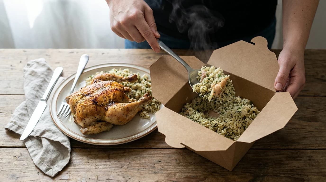 Half of a plated chicken and rice meal being spooned into a takeout container at the start of the meal