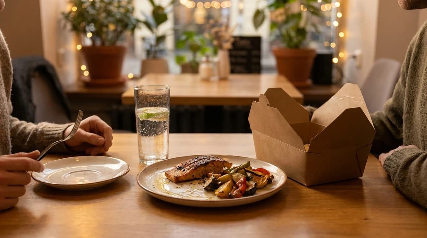 A restaurant table with a half-eaten plate of grilled fish and vegetables, a glass of sparkling water and an open takeout box.
