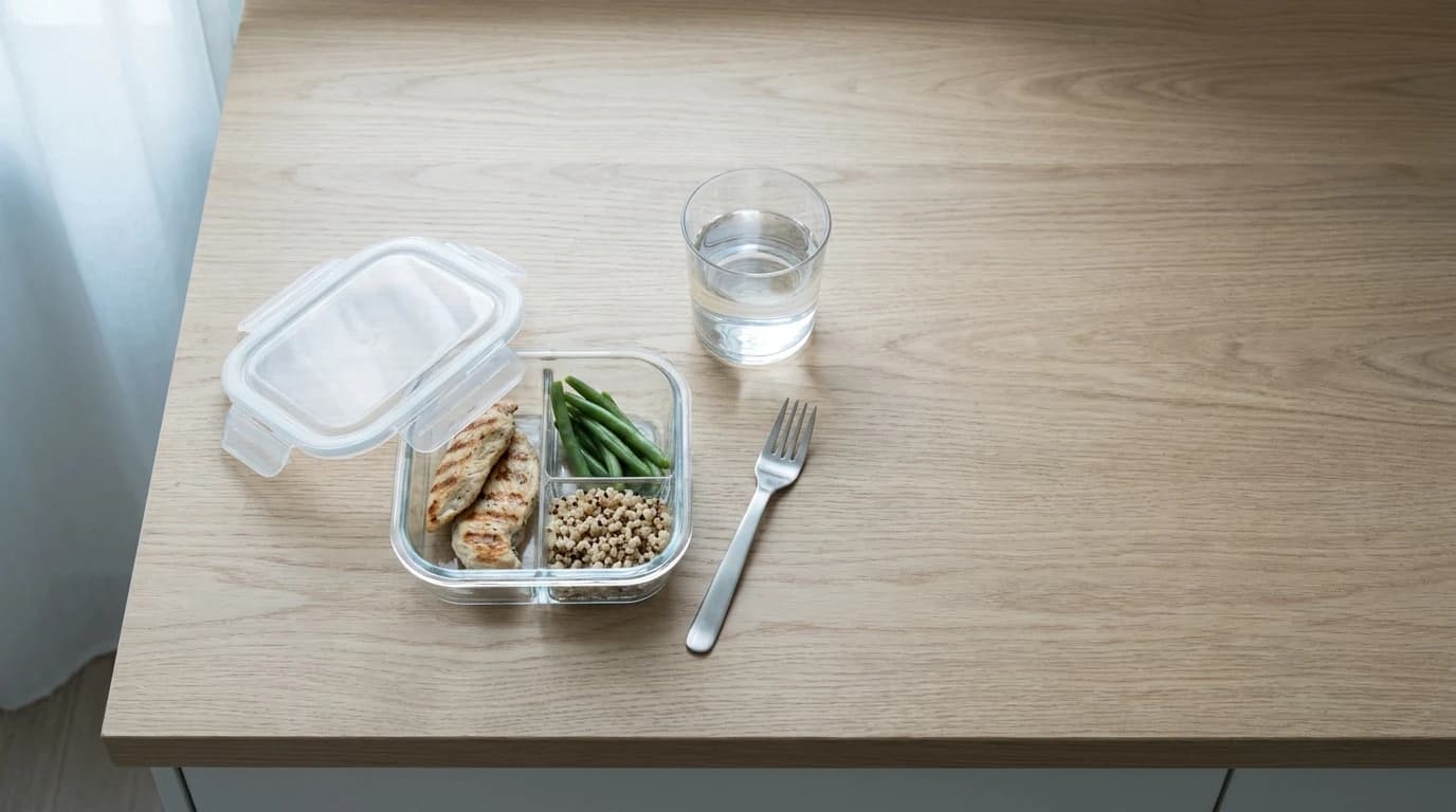 A small divided glass container holding chicken, green beans and grains, beside a glass of water on a pale wood counter