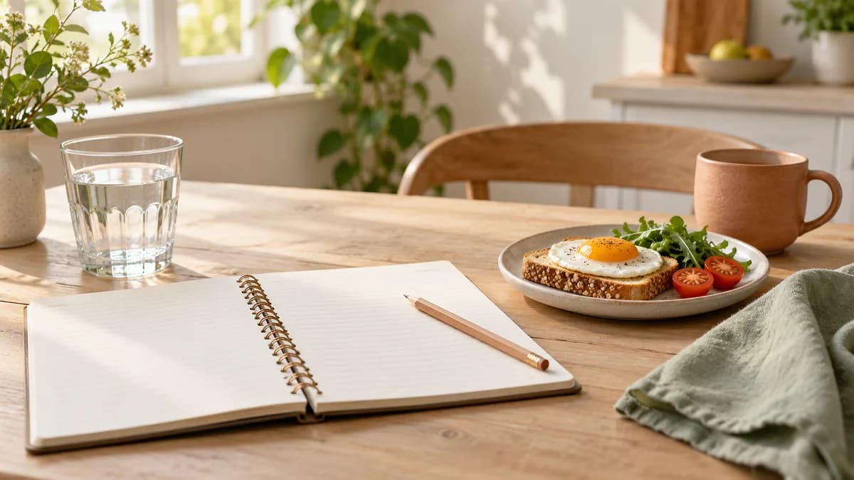 Editorial illustration of a blank notebook and a small meal for appointment preparation.