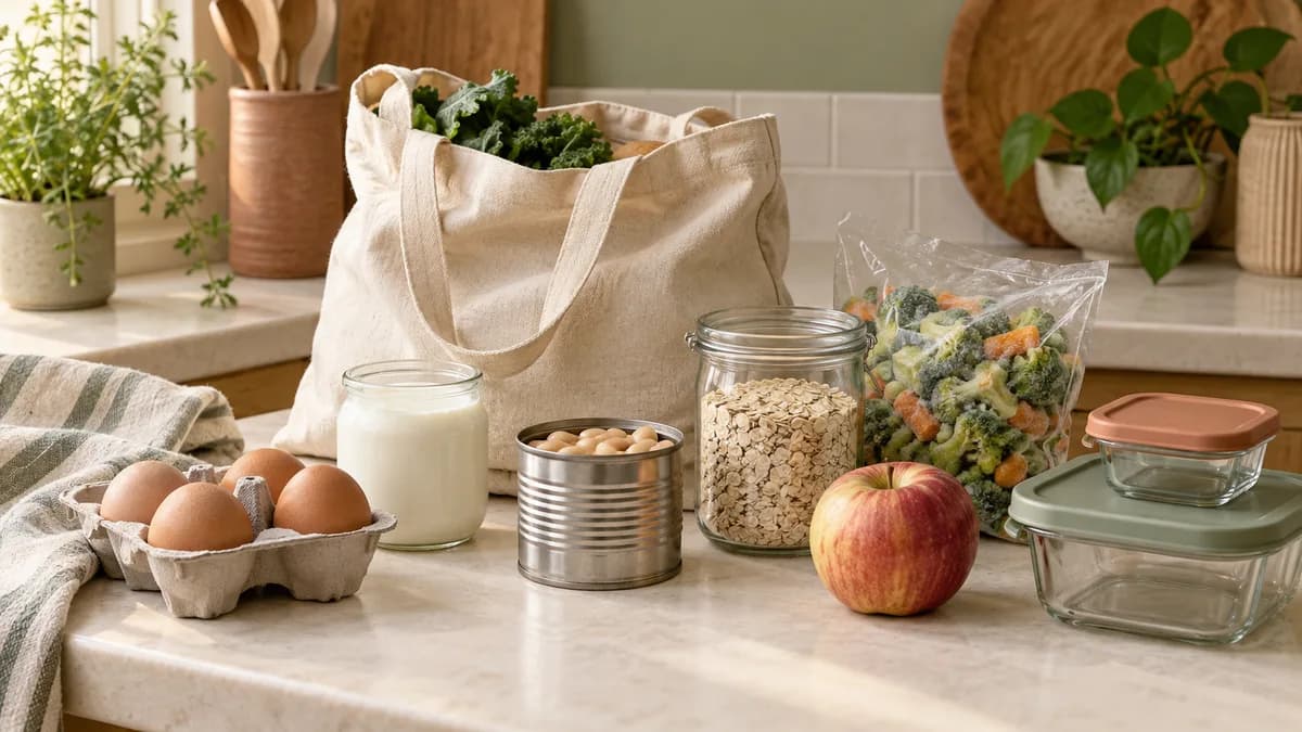 Editorial illustration of a modest grocery tote, everyday foods and small storage containers.