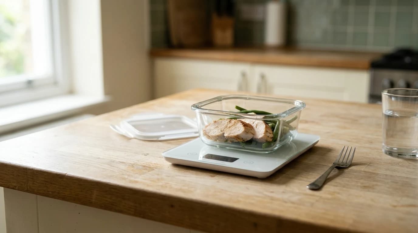 One small glass container of chicken and green beans on a digital kitchen scale, on a pale wood counter