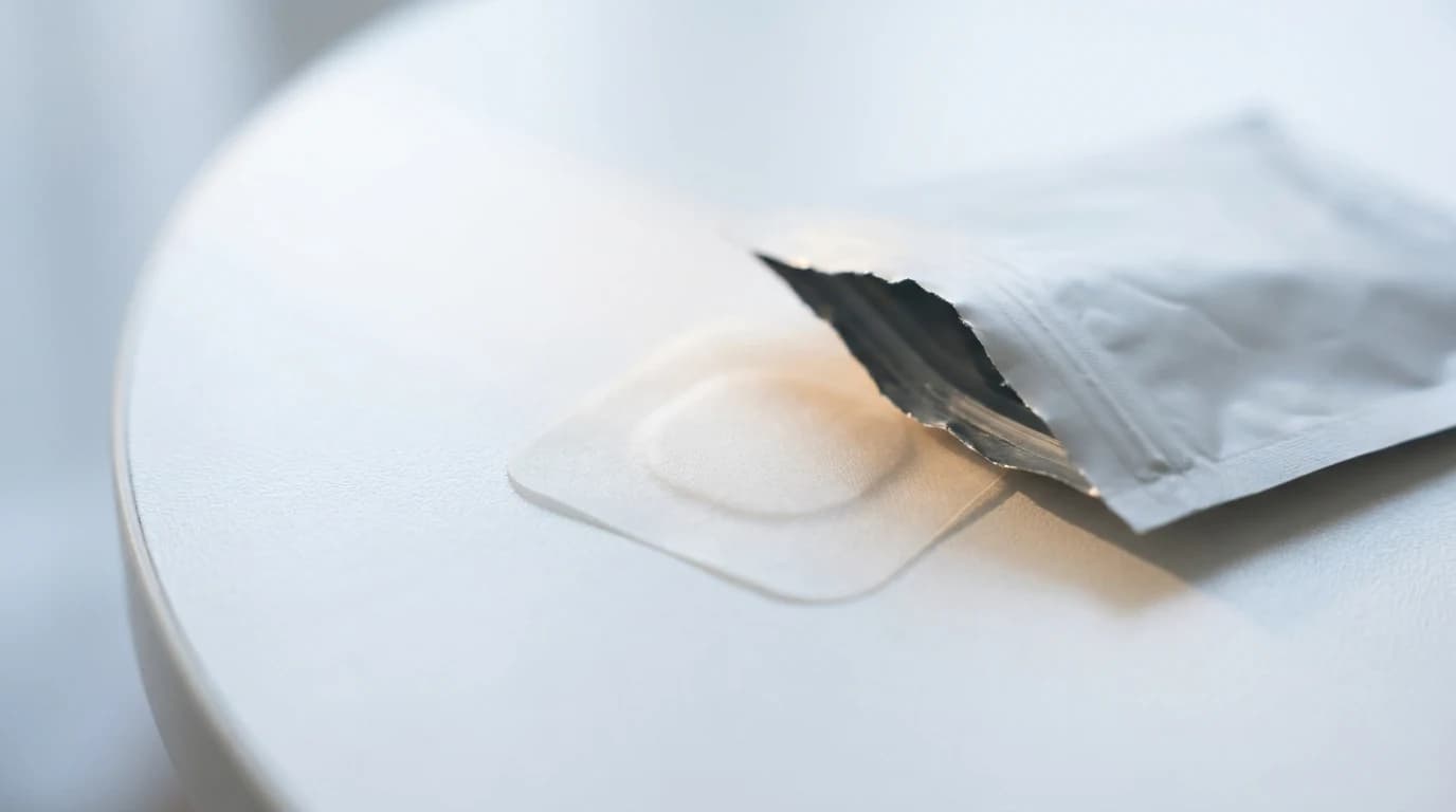 A single adhesive wellness patch resting beside its opened foil sachet on a plain surface
