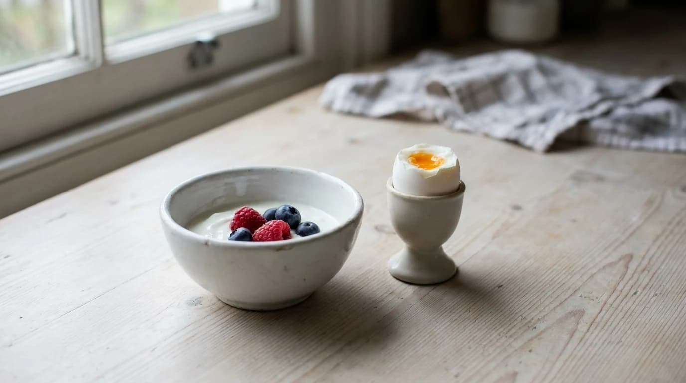 A small white bowl of Greek yogurt with berries beside a soft-boiled egg on a kitchen counter in morning light