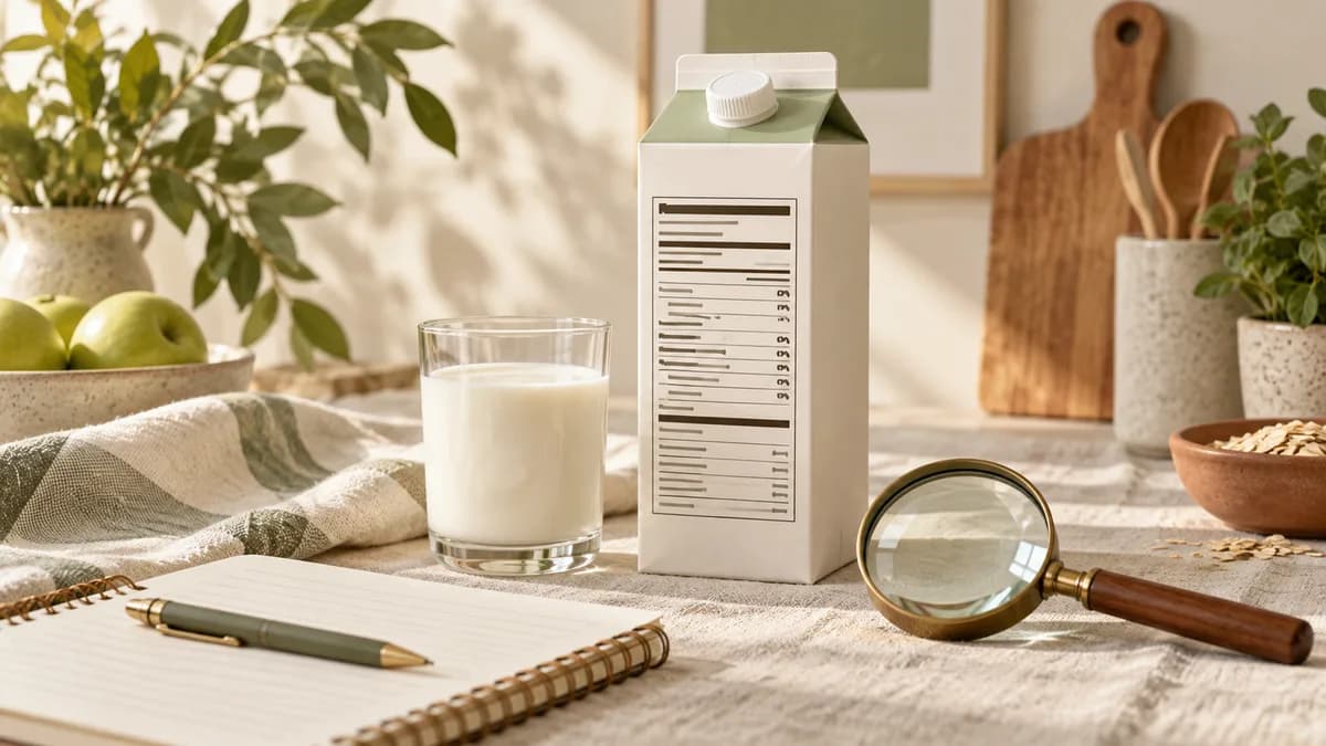 Editorial illustration of a plain carton, glass and notebook for comparing nutrition labels.